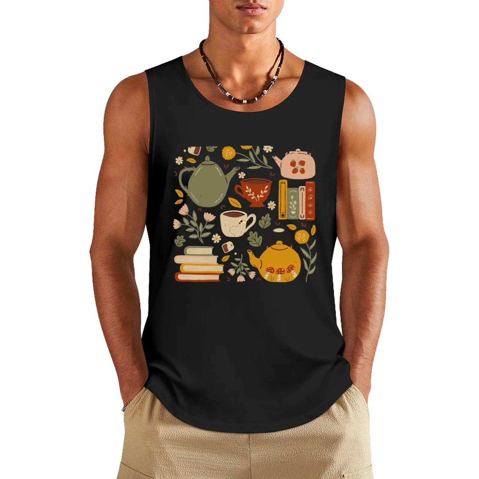 

Flowery Books and Tea Tank Top bodybuilding t-shirt plain t-shirt summer clothes gym t shirt men