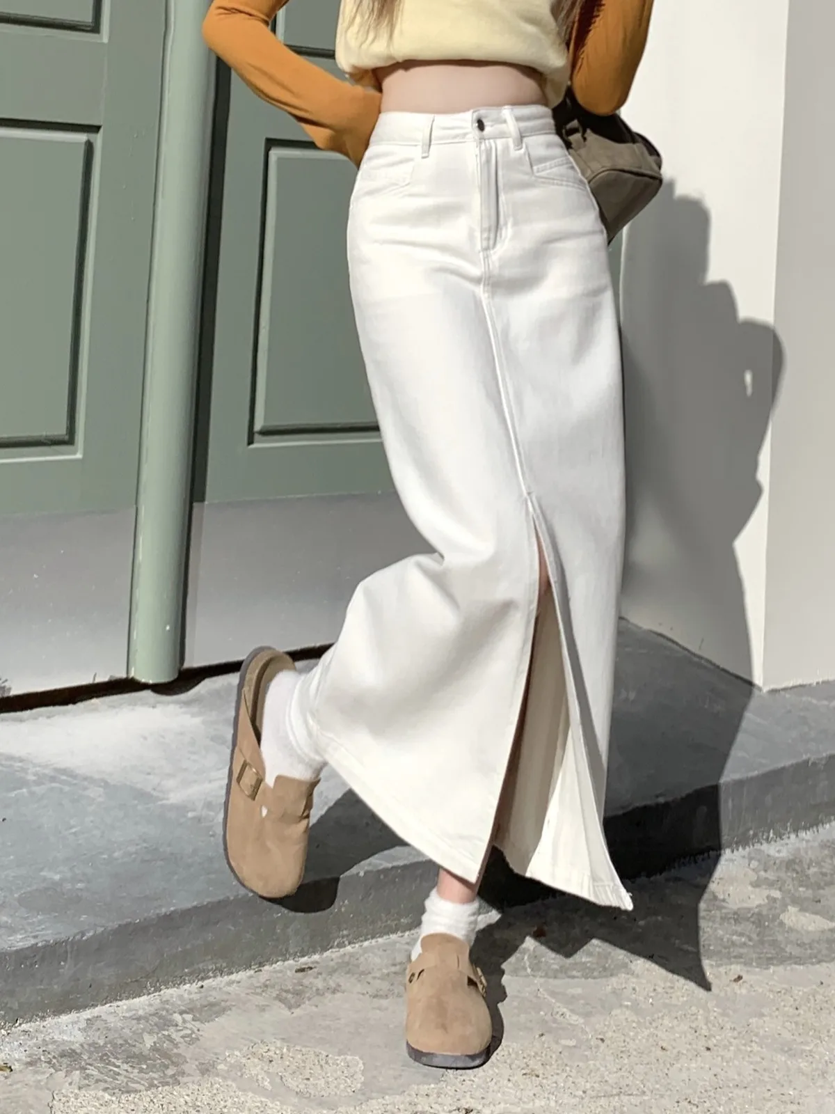 ZHISILAO New White Long Denim Skirt Women Vintage Casual A-line Denim Skirt Spring 2023