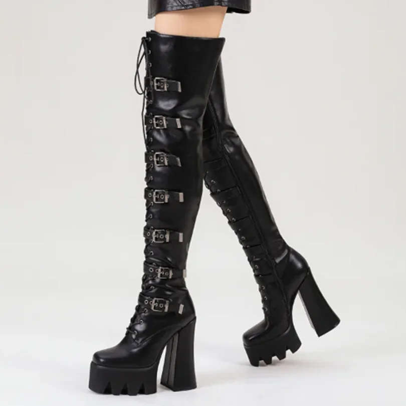 Lace-Up Metal Buckle Decoration Over-Knee Boots Leather Thick High-Heeled Platform Side Zipper Women\'s Shoes Large Size 40-43