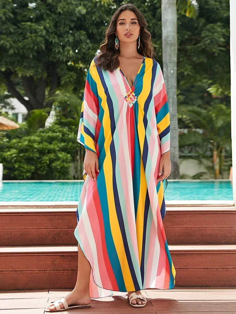 2025 new Butterfly Printed Beach Cover-Ups Women Bikini Cover Up V-Neck Chic Oversized Beach Long Dress Summer 2025 Fashion Robe