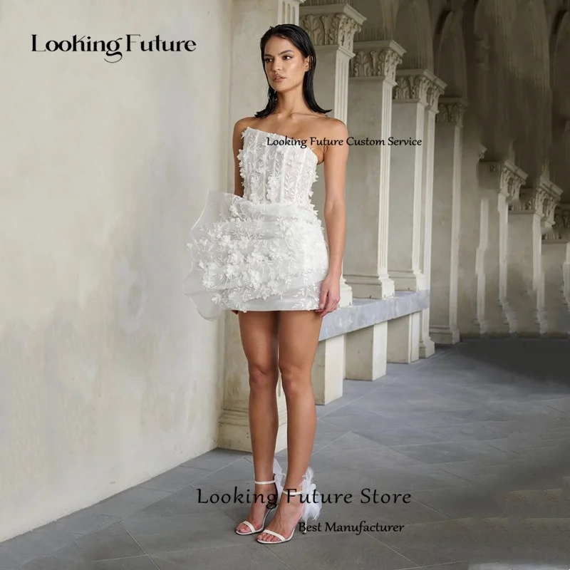 Requintado tule mini apliques vestido de casamento moderno sem alças plissado bordado vestido de noiva sexy aberto volta com zíper customizd