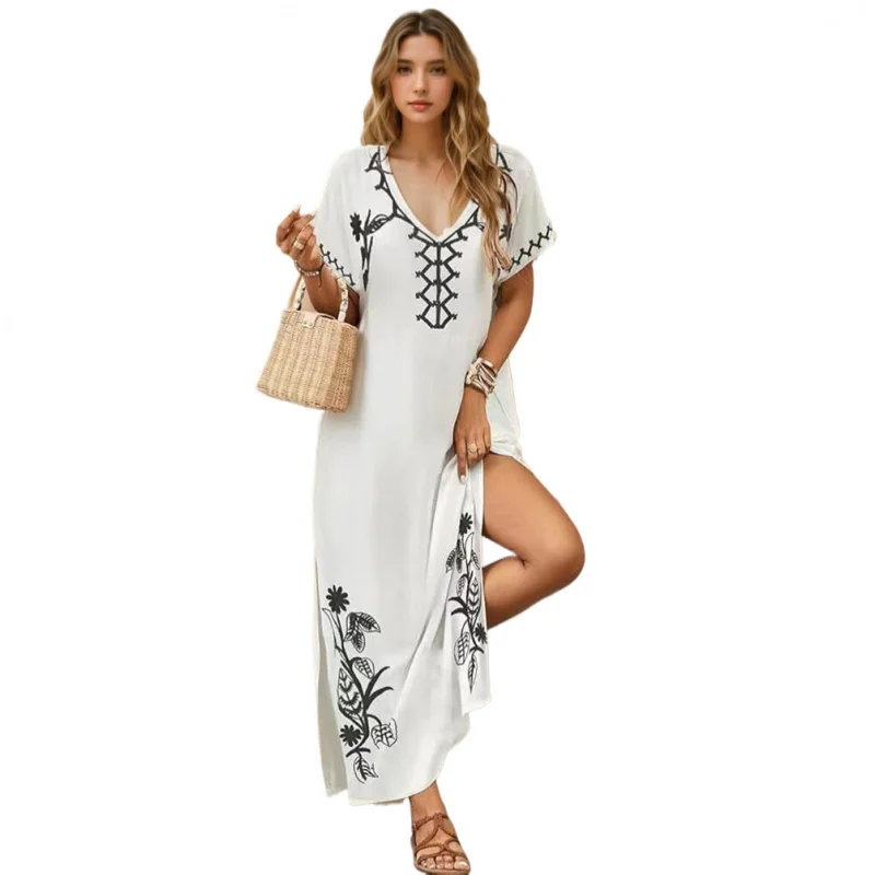 

Kaftan dresses for women floral embroidery bathing suit cover up V neck caftan swimsuit coverup