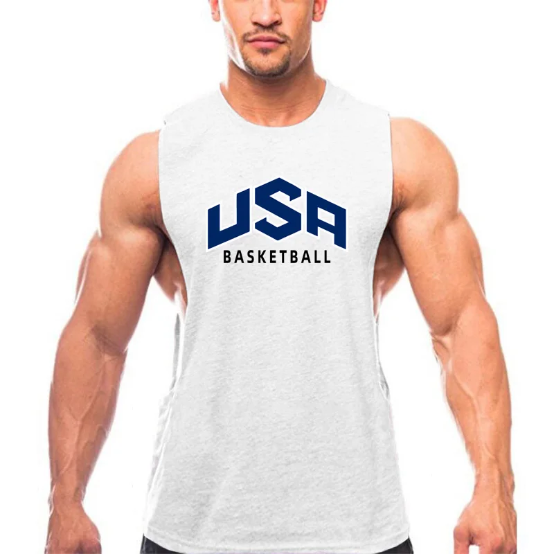 Sommer Herren Bodybuilding Workout Westen USA Basketball Logo Baumwoll-Tanktops Fitness Muskel Ärmellose Freizeithemden