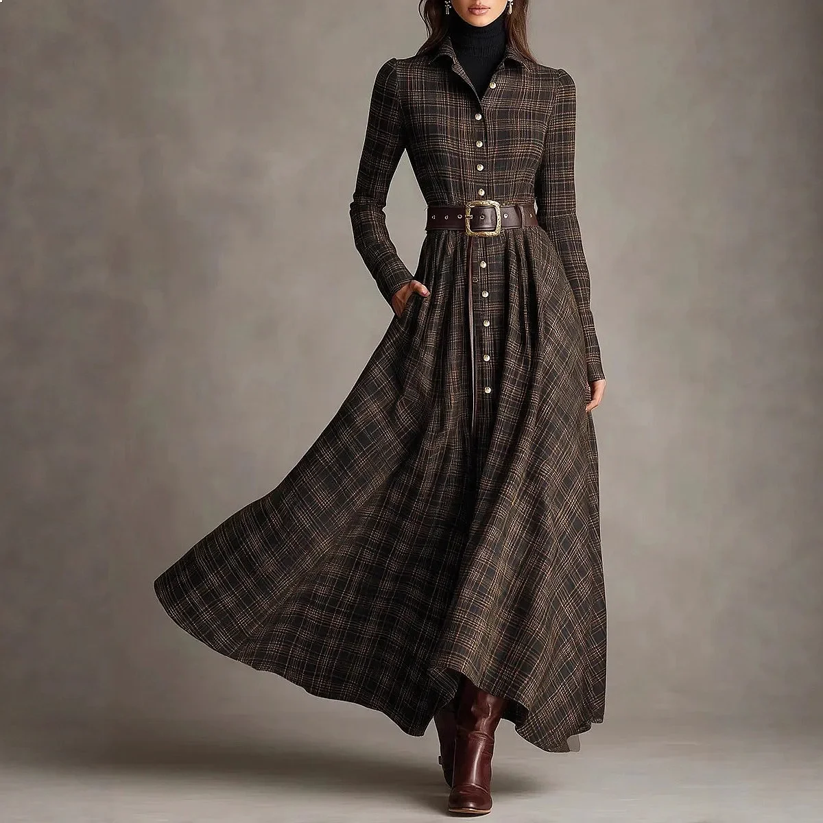 Vintage-Karo-Hemdkleid für Damen, langärmelig, mit Revers, Knopfleiste, Maxikleid mit Gürtel, elegantes, plissiertes, A-Linien-Swing-Kleid für den Herbst – Detail 1