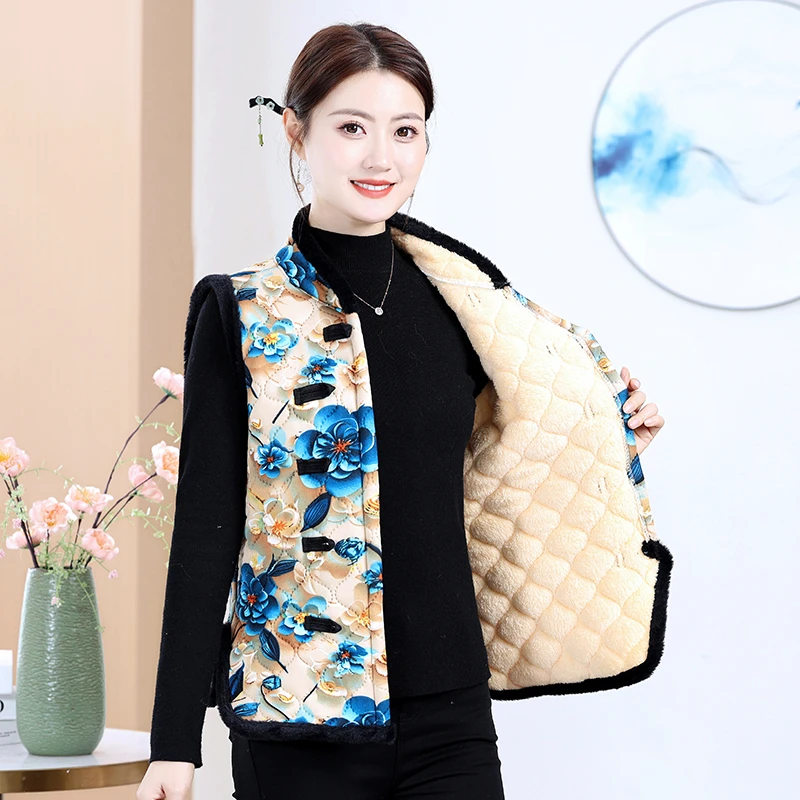 

Утепленный женский жилет с цветочным принтом в китайском стиле, традиционная одежда, воротник-стойка, на пуговицах, теплая зимняя куртка
