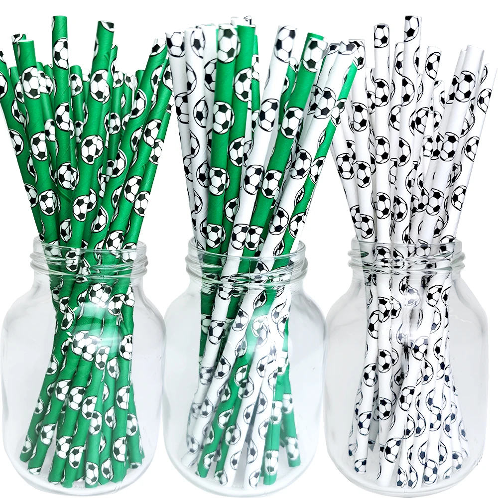 50/100pcs 축구 종이 빨대 흰색 녹색 마시는 밀짚 어린이 소년 축구 스포츠 경쟁 축하 파티 장식 호의