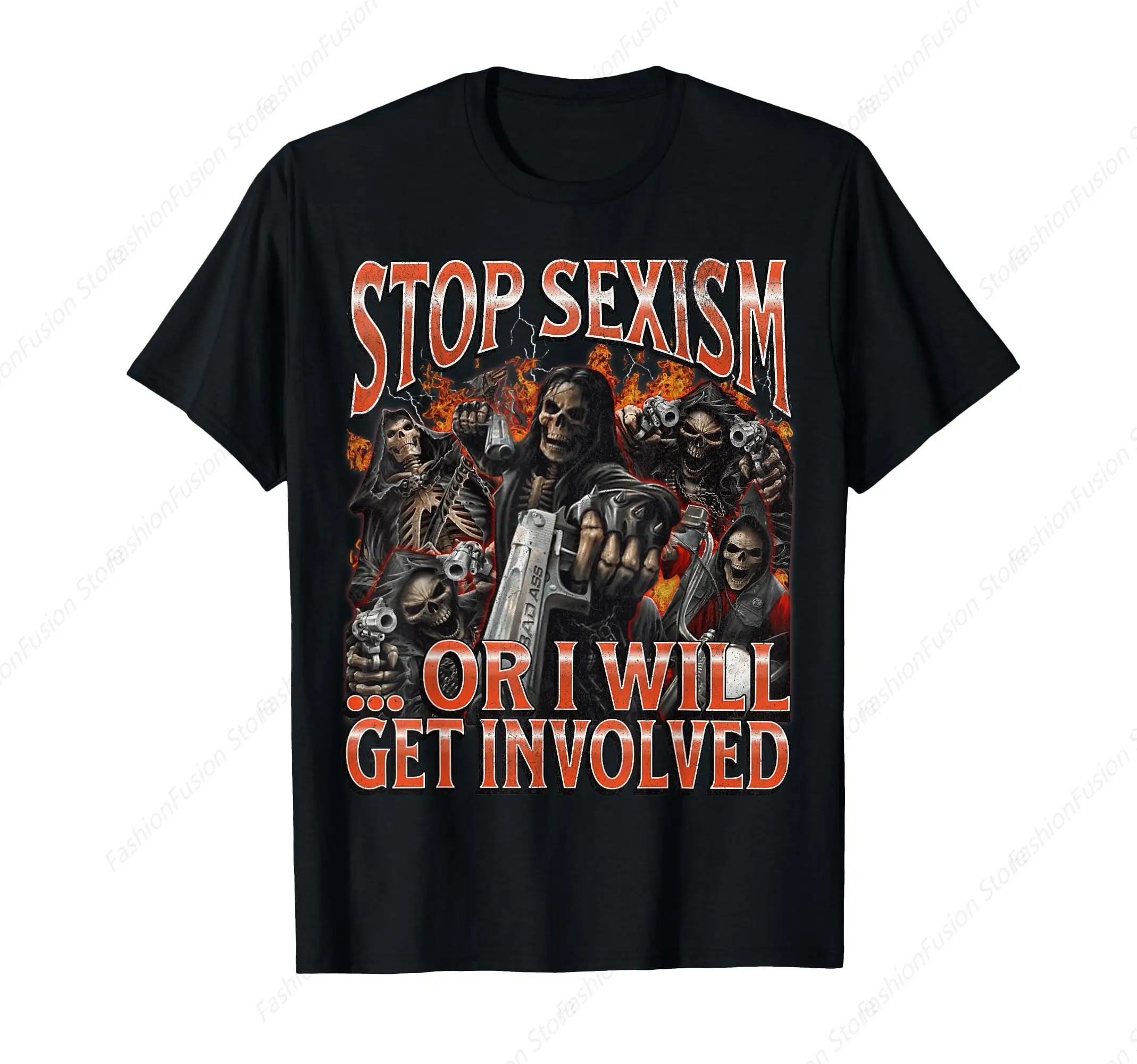 Stop Sexism Or I Get Involved Funny Hard Skeleton Meme T-Shirt Harajuku Short Sleeves Fashion Mens Clothing Streetwear Tee Tops