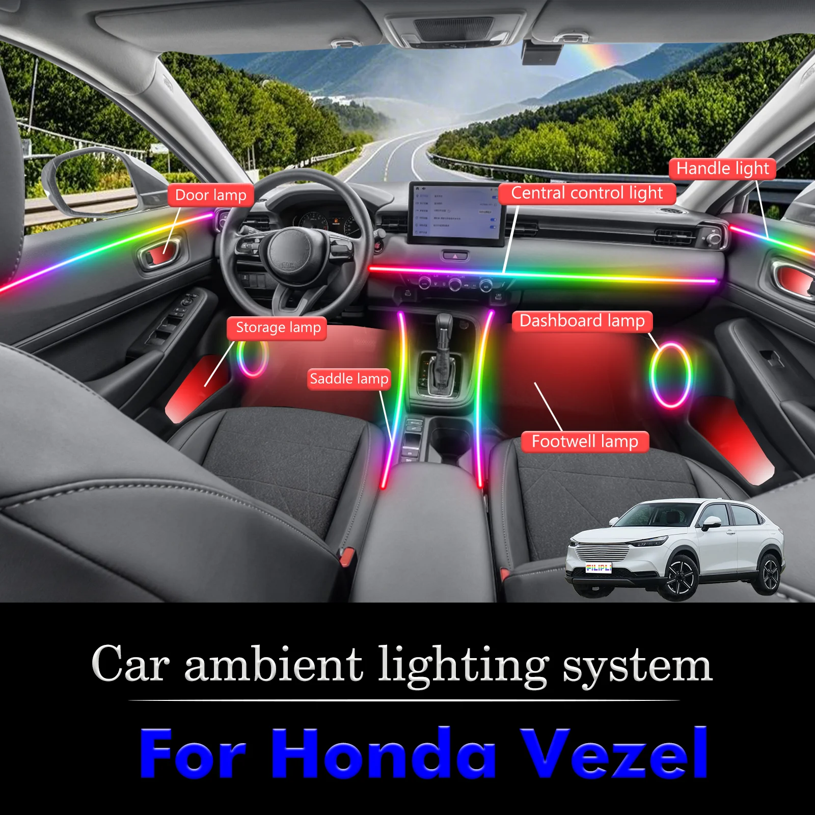

For Honda Vezel Car Interior Ambient Lamp Kit RGB 64-Color LED Smart Remote Control Energy Saving Efficient Lights