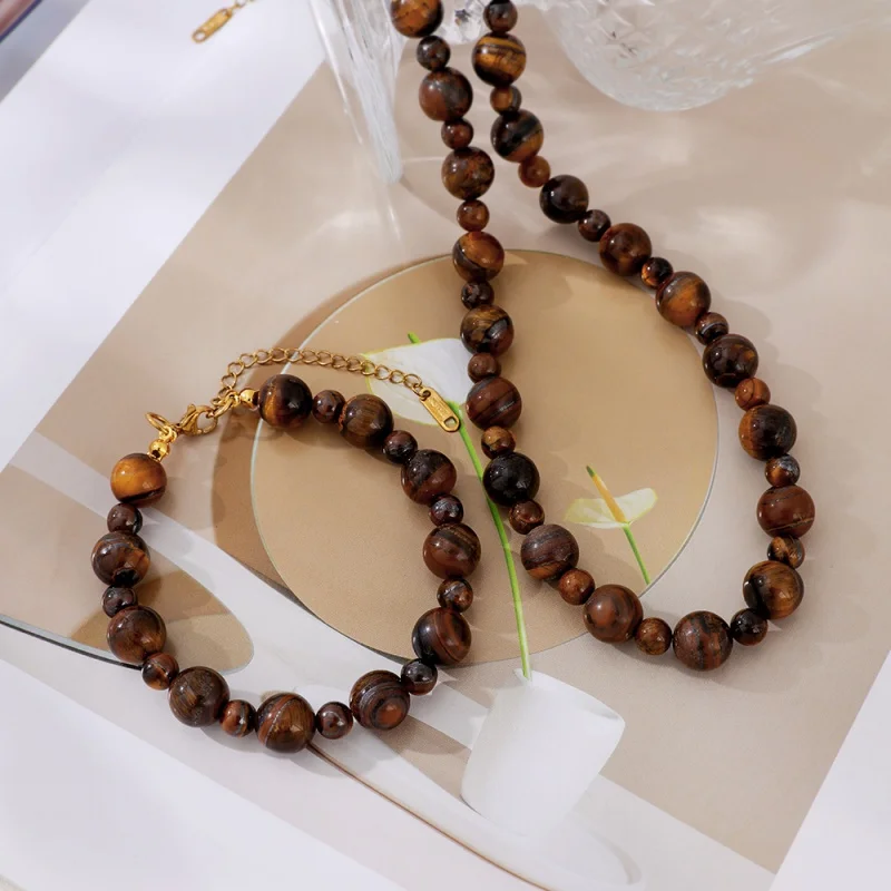 Tiger Eye Stone Mixed Bead Necklace Bracelet Set, Good Luck and Exorcism