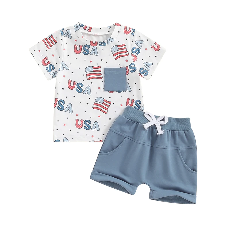 4th of July Boy Outfit Short Sleeve Letter Flag/Star USA Print Tops Drawstring Shorts Toddler 4th of July Clothes