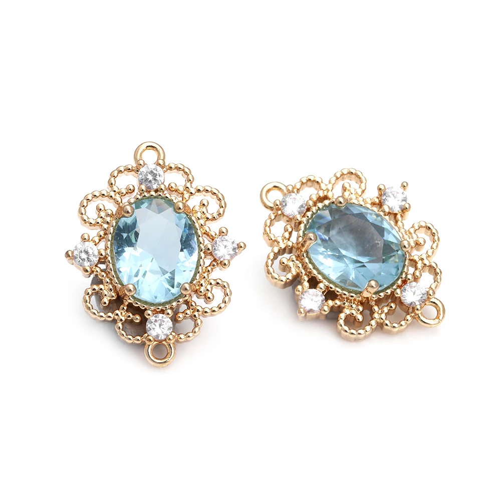 18K Gold Color Brass Zircon Glass Oval Shape Connect Charms Pendants High Quality Diy Jewelry Accessories Making Materials