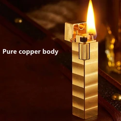 Retro Handmade Pure Copper Kerosene Lighter Small Square Side Pulley Wheel Lighter Cigarette Lighter Smoking Accessories Gadgets