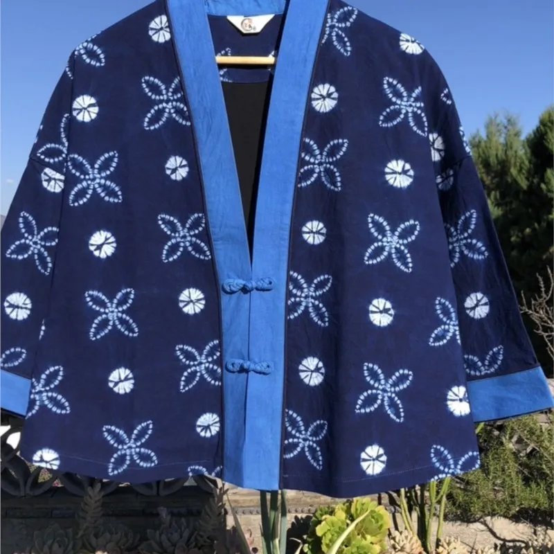 Handmade Tie-Dyed Cardigan, Cotton-Padded Clothes, Chinese Style, Yunnan Dali Bai, Ethnic Blue Dyed