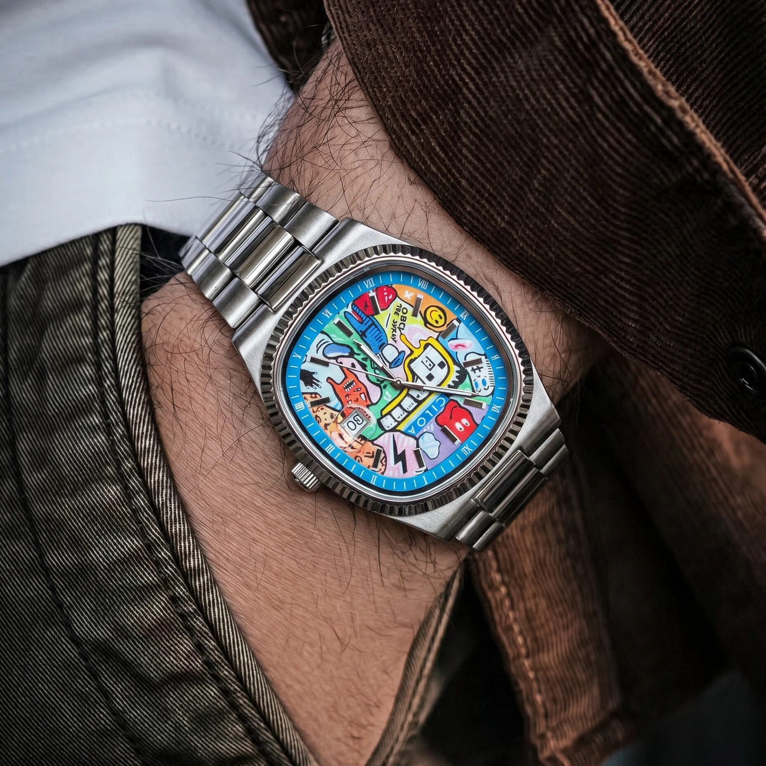 CILOA-Men Trendy Silver Watch Colorful Graffiti Dial Stainless Steel Strap Street Art Fashion Quartz Wrist Watch-518
