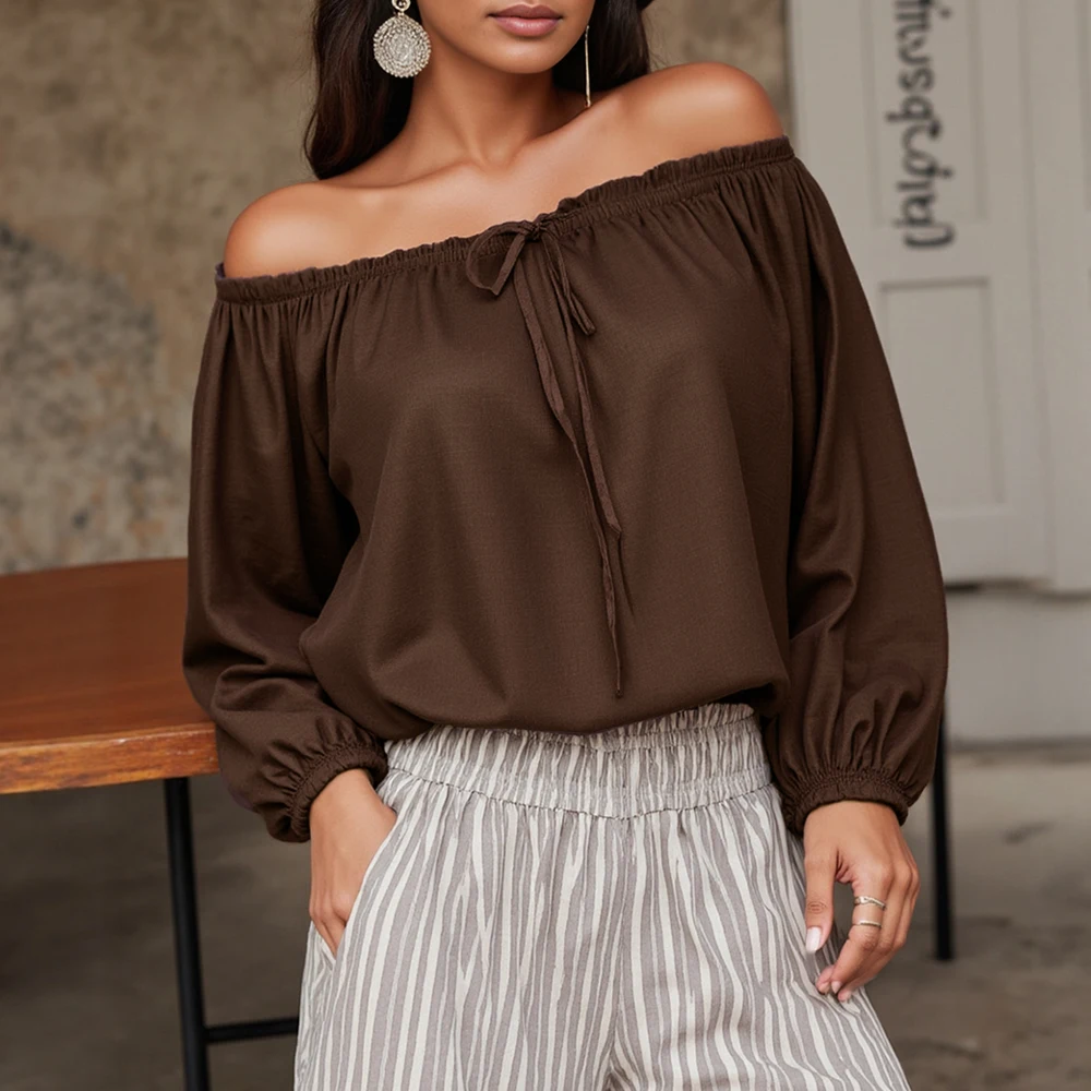 

Mia Muse Boutique Women's Blouses Autumn Chic Dating Youthful Plain Shirring Lace-Up Long Sleeve Off Shoulder Casual Blouses