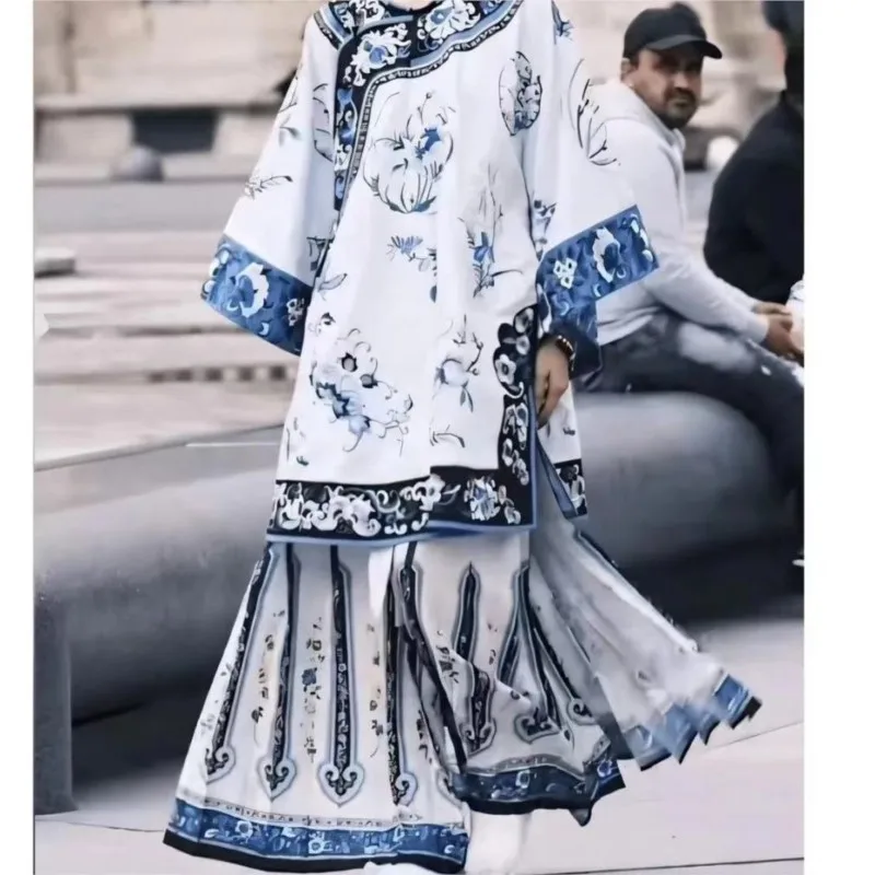 Ge Cheongsam Qing Dynasty Clothing Late Han Women's Blue and White Porcelain Printed Dress Suit New