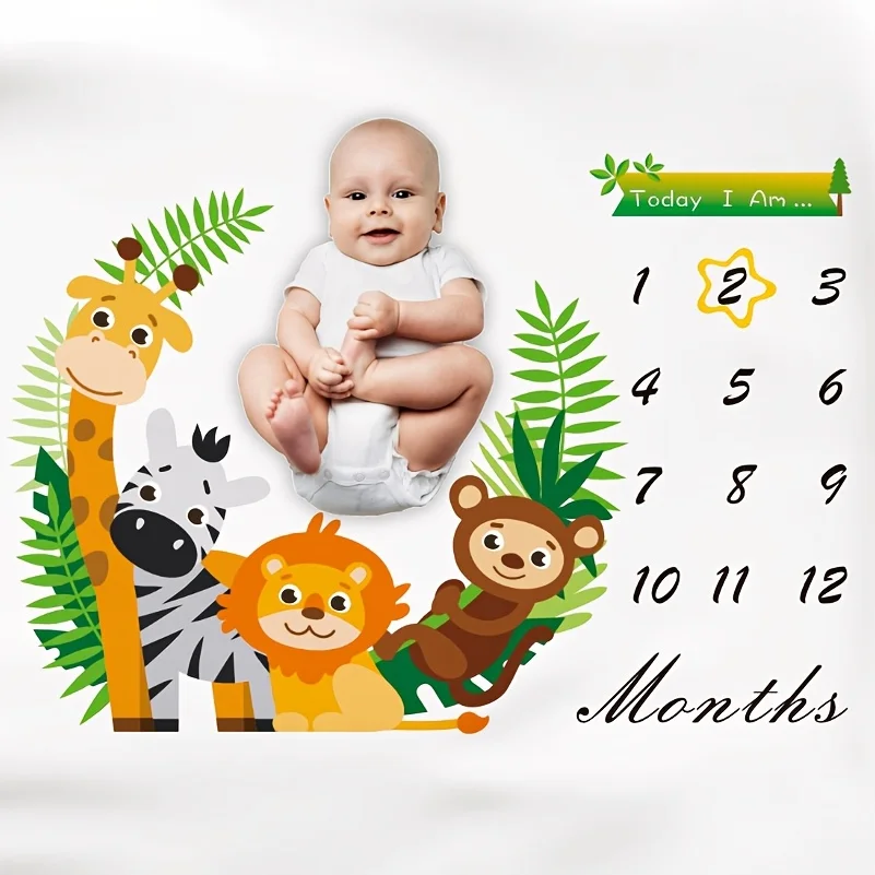 VIKAMA Jungle Animal Baby Milestone Blanket, Cute Pet Print, Soft Skin-Friendly Material, Monthly Growth Tracker & Newborn Gift