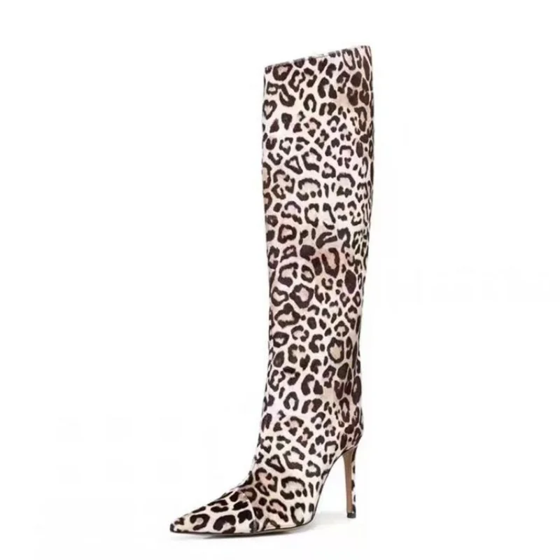 Fall 2024 New Fashion Leopard Print High QualityFashion Pointed Toe Women's Flat Stiletto Boots Can Be Used All Year Round