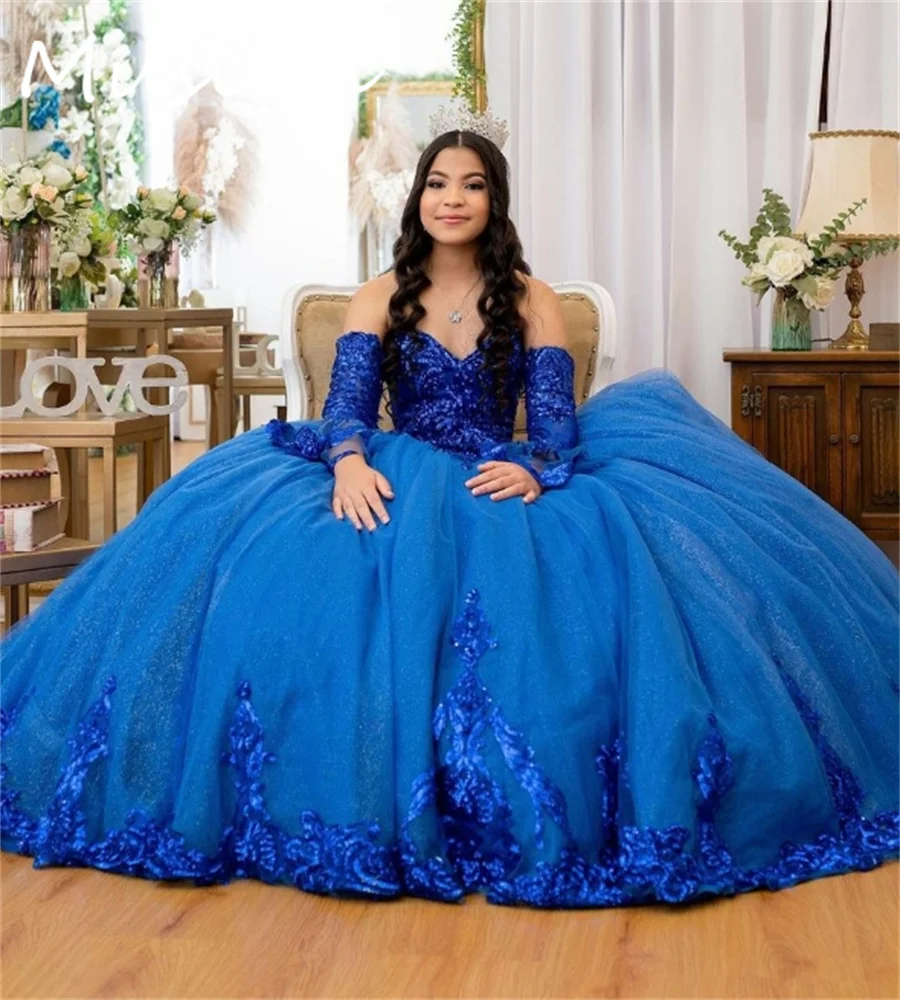 Glitzerndes königsblaues Quinceanera-Kleid 2025, glitzernde Pailletten, Fünfzehn-Geburtstagsparty-Kleid, Vestidos De 15, Xv, Quinceañera, individuell gestaltet