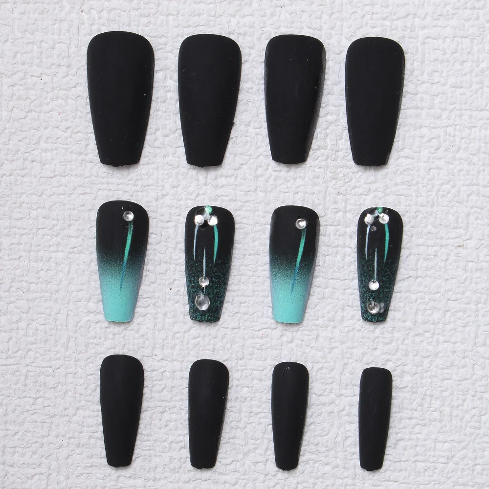 24 Pcs Fashion Long Press on Nails Simple Nail Tips Black Green Gradient Self-adhesive False Adhesive Nails Artificial Nails Set