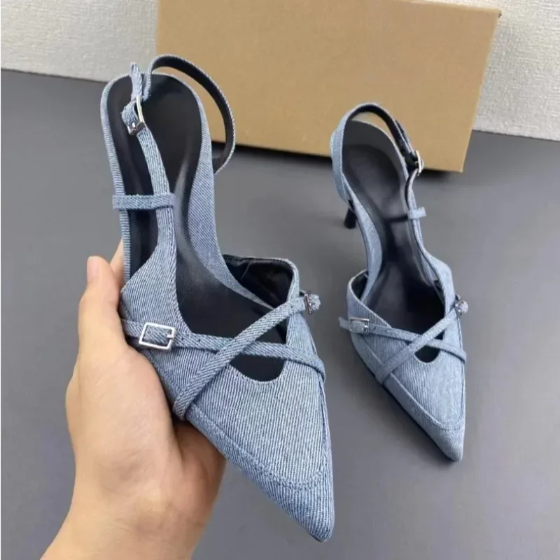

Luxury Designer Summer Blue Women Sandals Sexy Buckle Strap Sandalias Mujer Pointed Toe High Heels Party Dress Shoes for Female
