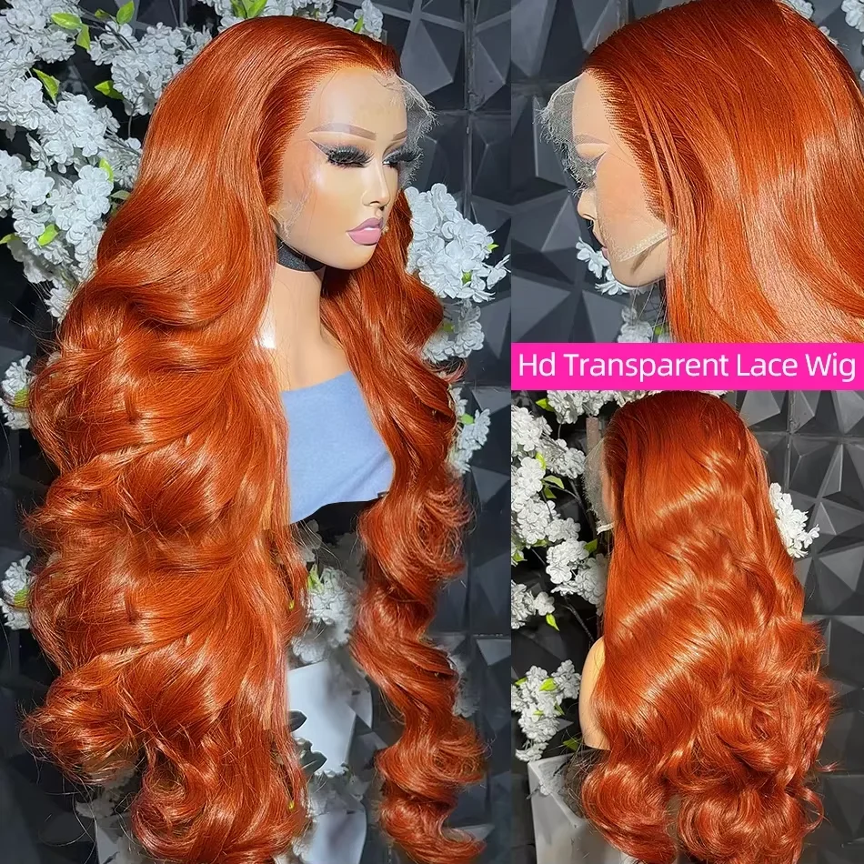 Brazilian 30 34 Inch Body Wave Ginger Orange 13x4 HD Lace Front Wigs 200% Colored Preplucked 13x4 Lace Frontal Wigs For Women