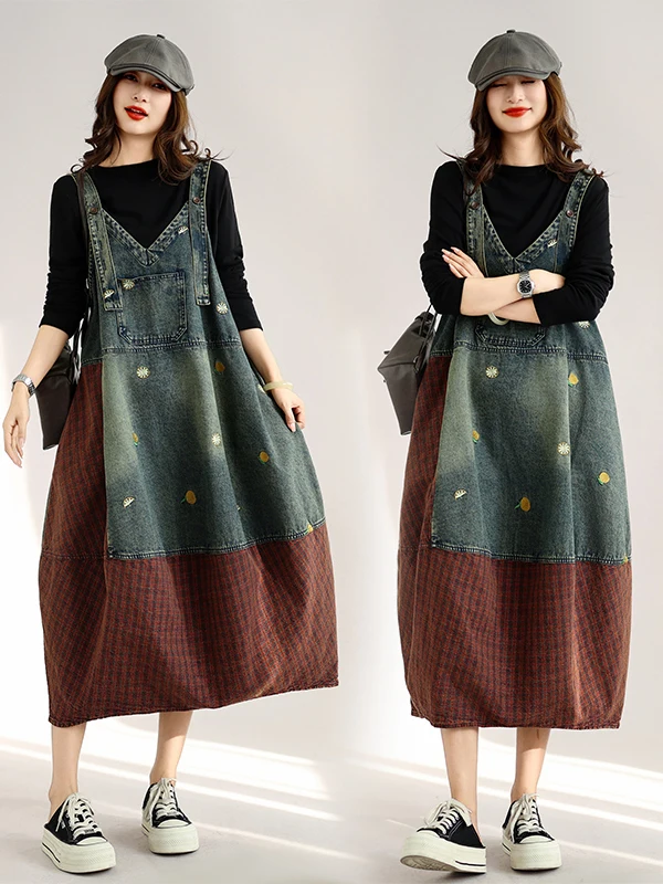 Vestido vaquero bordado estilo retro de ropa de trabajo, sin mangas, con falda tipo peto a cuadros para mujer, casual, de aju...