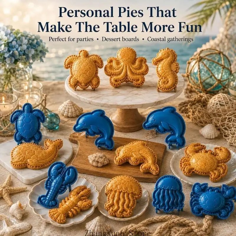 Ocean Animal Mini Pie Presses, 8 Plastic Hinged Presses for Sweet and Savory Recipes, Beach Parties, Themed Birthdays and Family