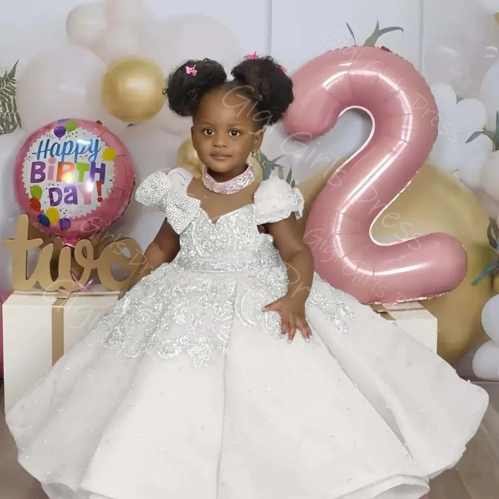 Girls Birthday Dress Glitter Beaded Appliques Ball Gown With Pearls Sheer Neck Cap Sleeves Flower GIrl Dress Custom Party Frock