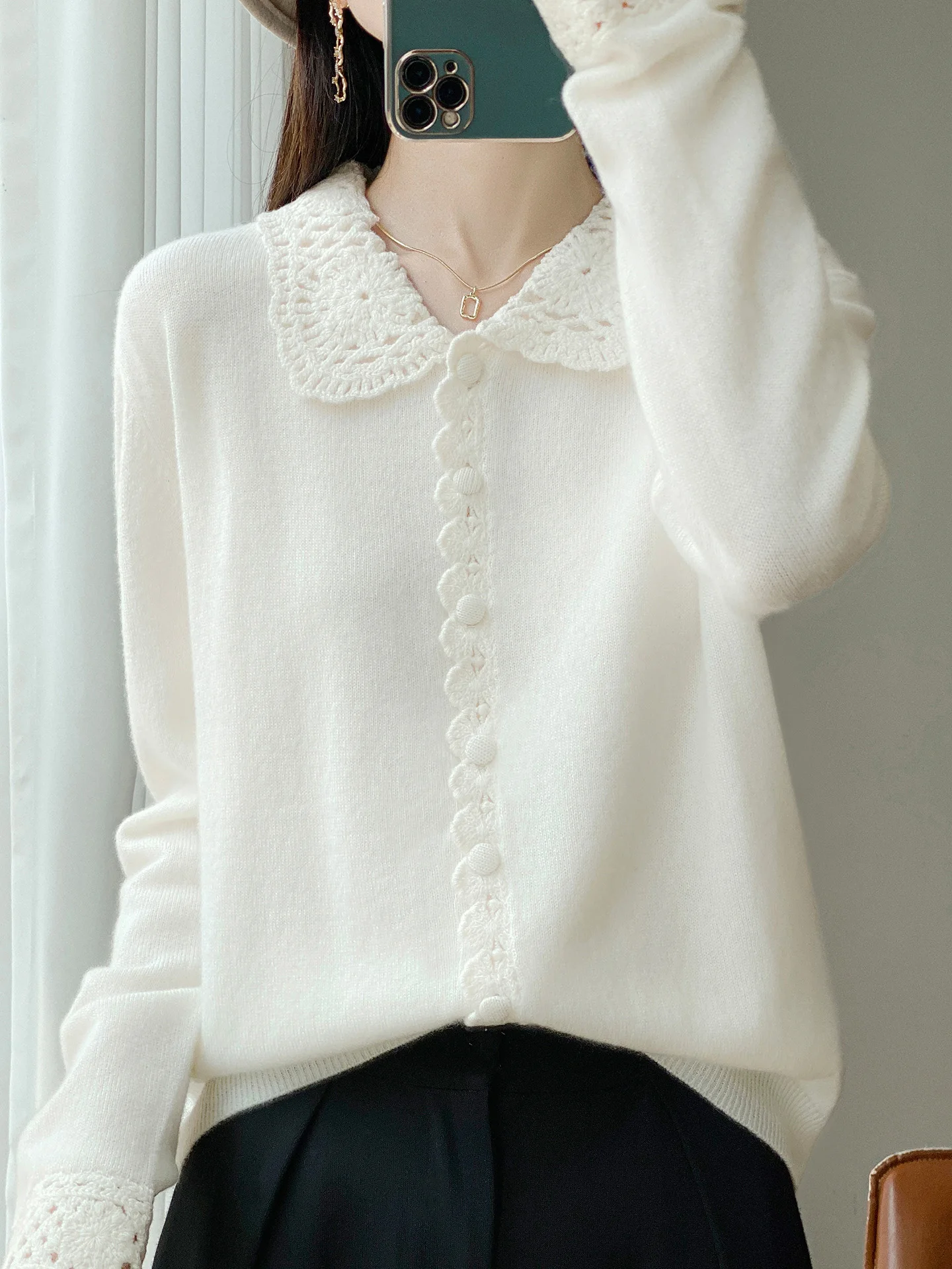 

Hollow Out Polo Collar Wool Cardigan Sweater Autumn And Winter Fashion Cardigan For Women Crochet Cardigan Woman Sweater