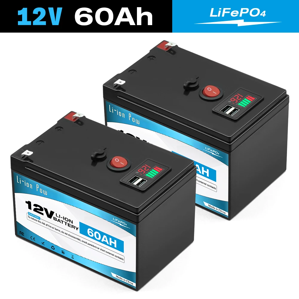 

12V 60Ah Lithium LiFePO4 Deep Cycle Battery for Solar,Fish Finder, Power Wheels, Lighting, Off-Grid Applications Built-in BMS