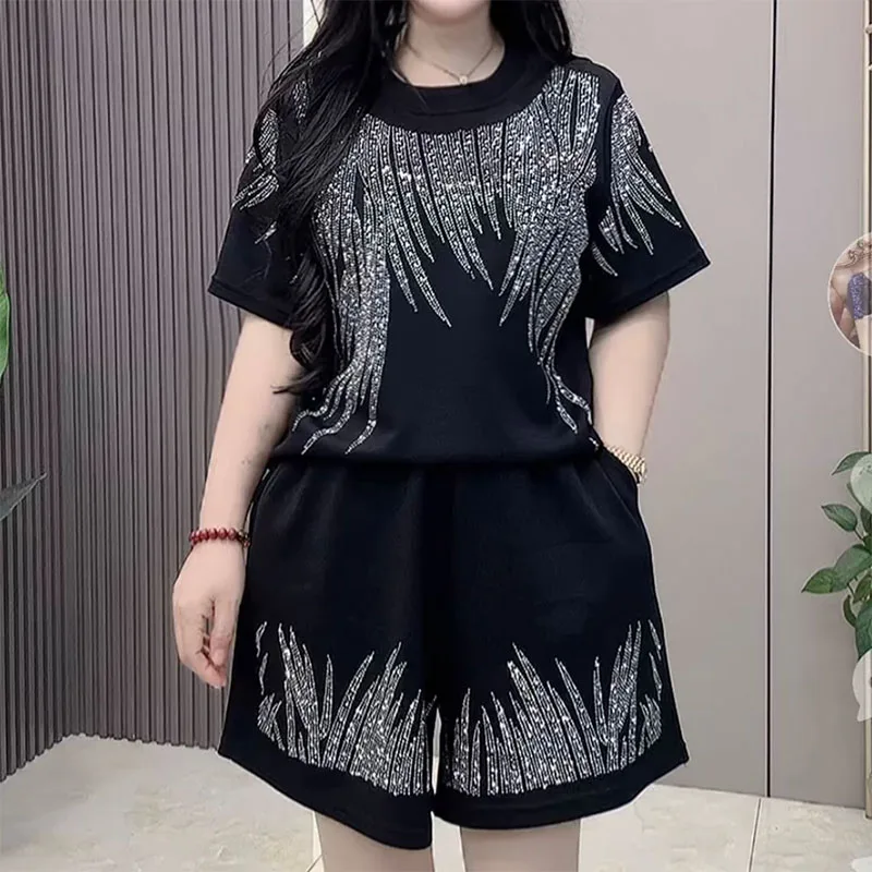 Summer Women Leaves Embroidery Sequined T-Shirts Diamonds Beaded Tees O-neck Tops + Elastic Waist Drilling Shorts 2Pcs Set 2025
