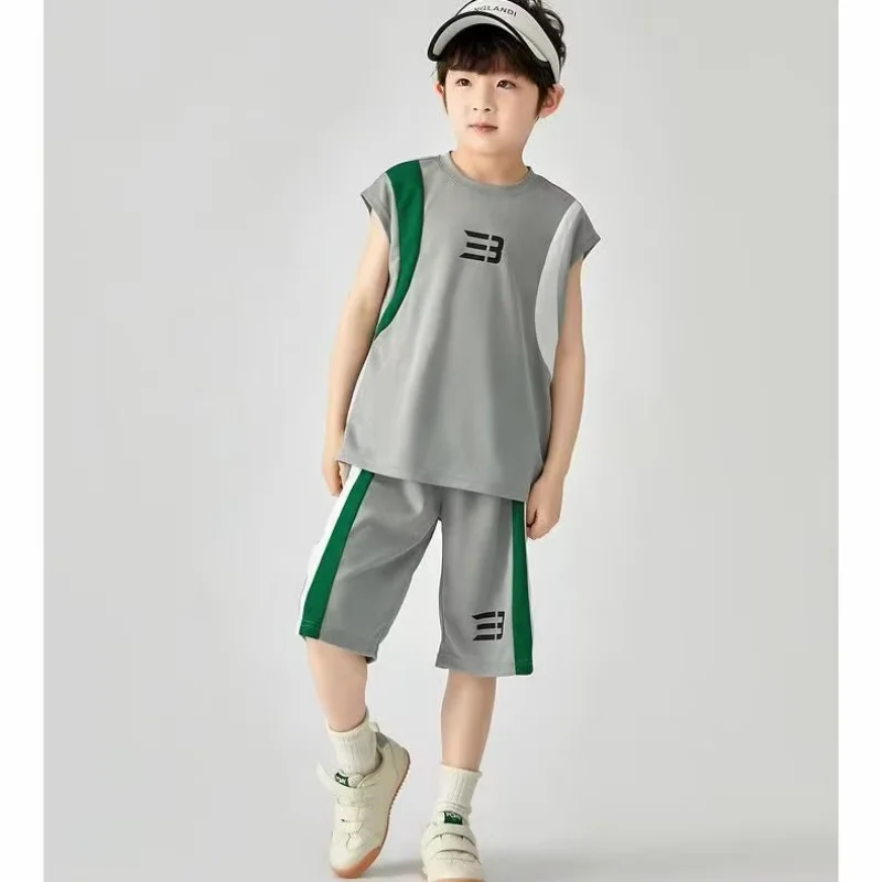 2026 Summer New Kids Contrast Color Sleeveless Tracksuit Quick Dry Tank Top+Shorts 2Pcs Sport Suit 5-14Y Teen Boys Girls Casual
