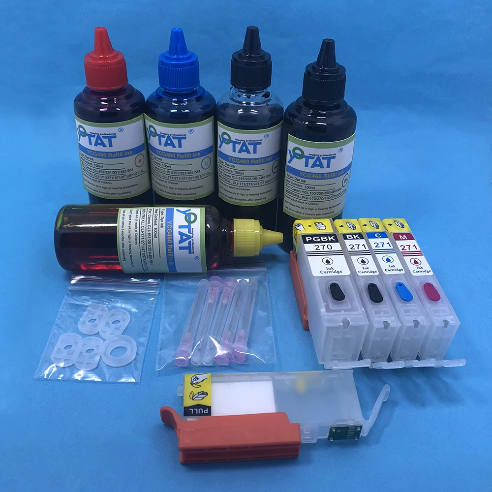 5Color Refillable Ink Cartridge + 500ml Dye Ink PGI-270 CLI-271 for Canon PIXMA MG5720 MG5721 MG5722 MG6820 MG6821 MG6822 TS5020