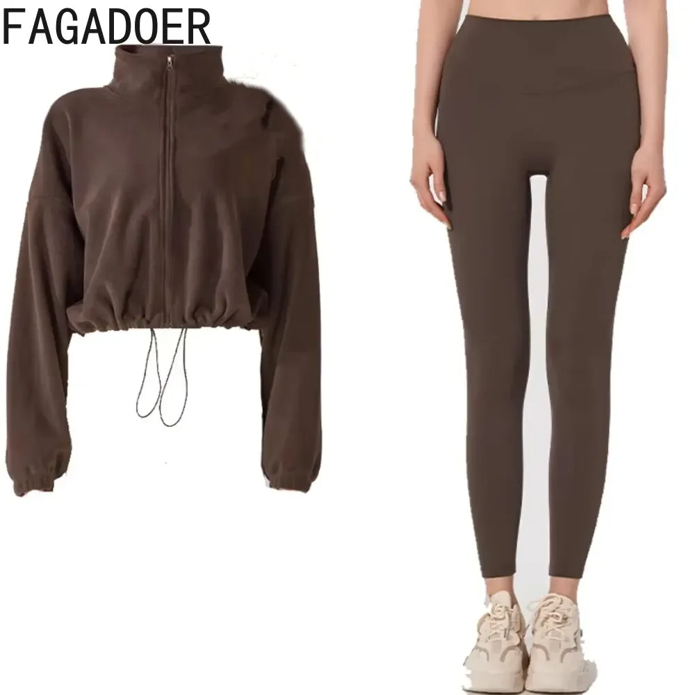 FAGADOER High Quality Women Sporty Outfits Autumn Winter Fleece Fur Zipper Crop Top And Leggings Pants Two Piece Sets Tracksuits