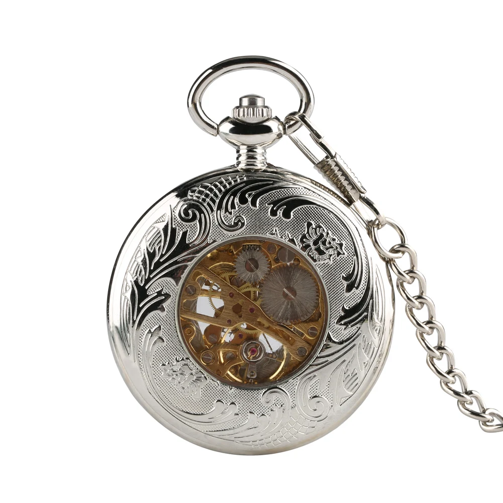Transparent Hollow Roman Numerals Display Mechanical Pocket Watch Hand-Winding Luxury Vintage Pendant Chain Clock Gift Male