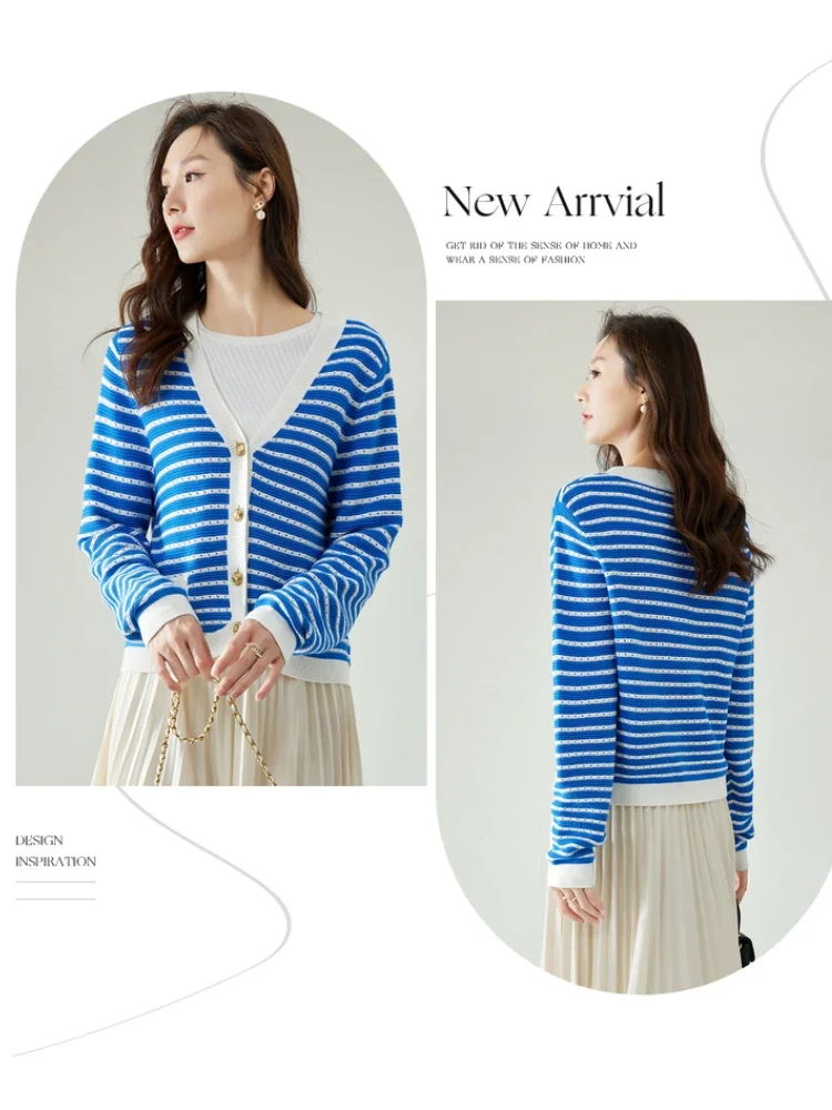 Vimly Blue White Stripe Knitted Cardigans for Woman 2023 Autumn Loose Long Sleeve Top Female V-neck Hollowed Out Knitwears 72109