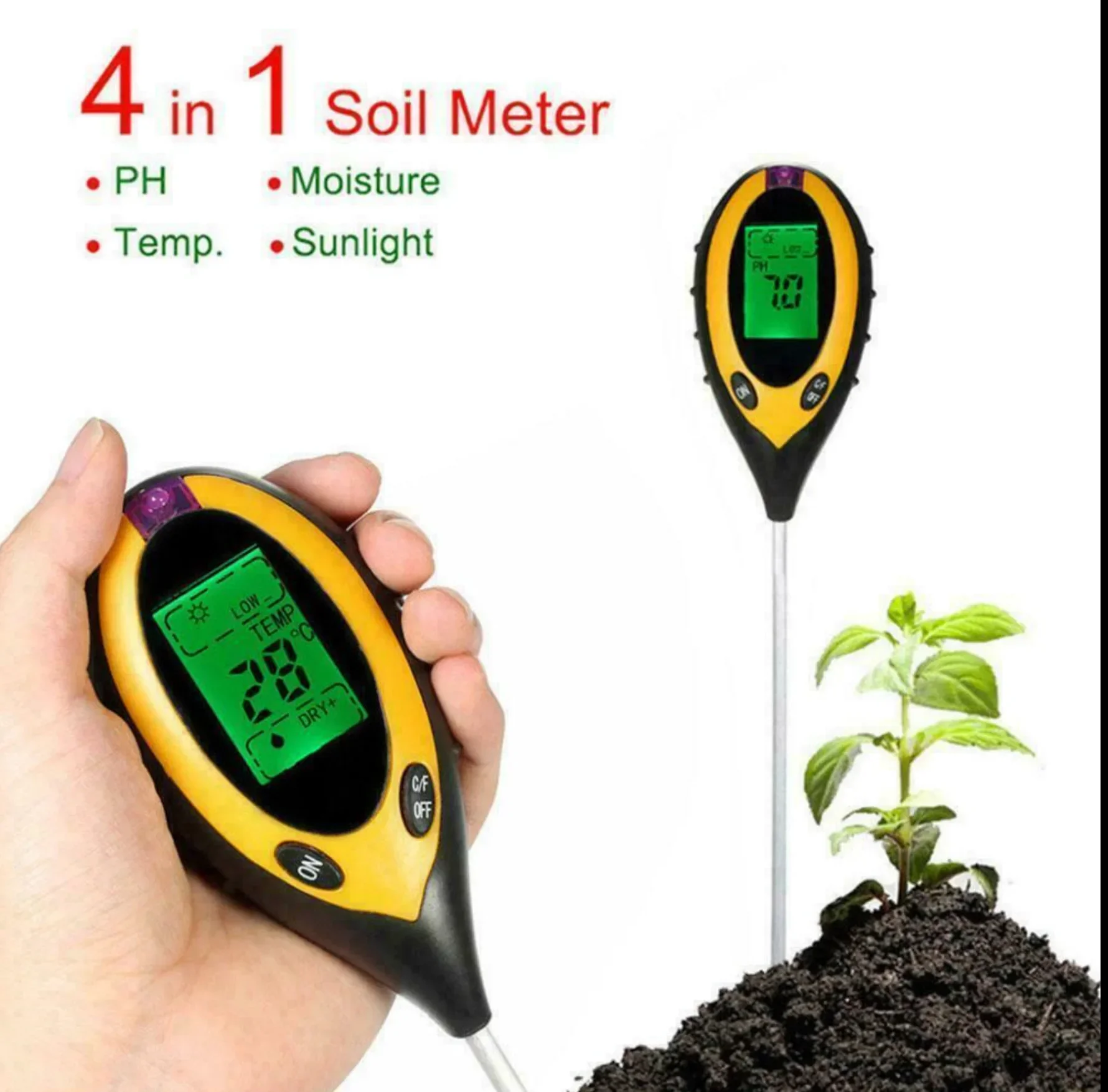 Digital 4 In 1 Soil PH Meter Moisture Monitor Temperature Sunlight Tester for Gardening Plants Farming with Blacklight