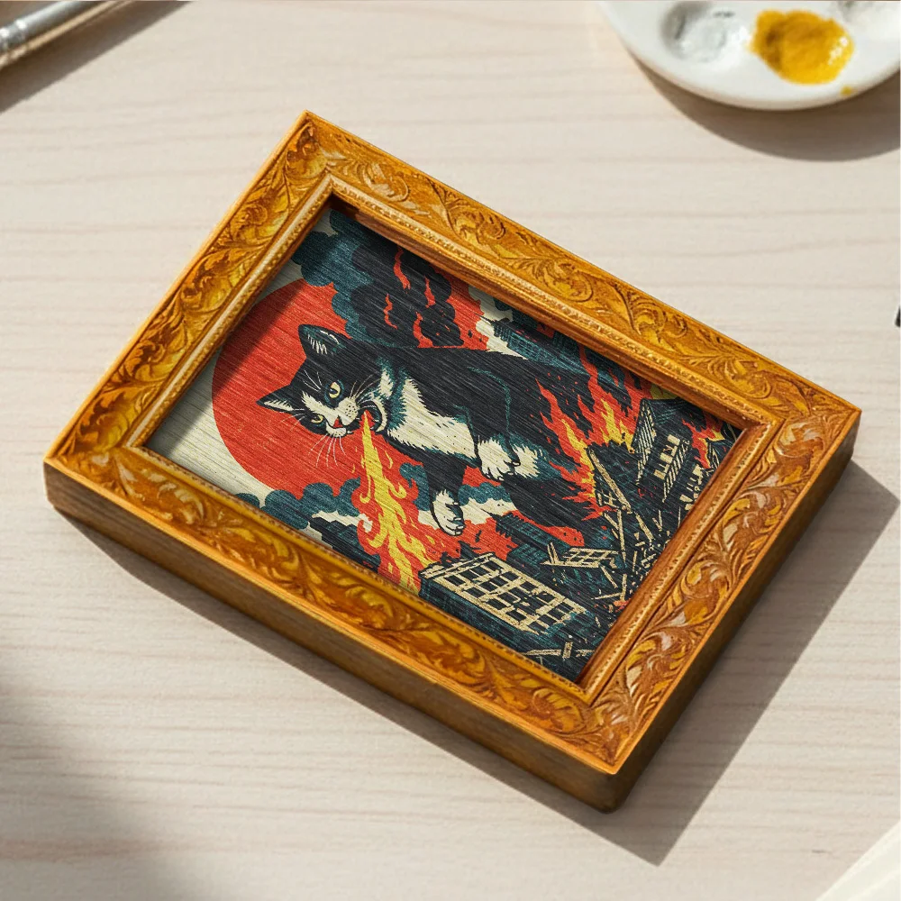 Feuer spuckender Kaiju-Katzen-Kühlschrankmagnet, gerahmte Vintage-Magnetkunst für Küchenkühlschrank & Heimdekoration, lustiges Geschenk – Detail 6