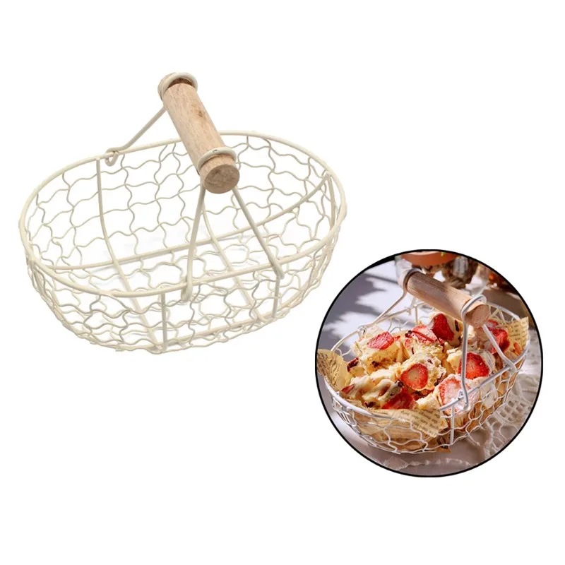 Wooden Handle Metal Retro Basket Portable Vegetable Fruit Egg Storage  Eco Friendly Products Zero Waste Reusable