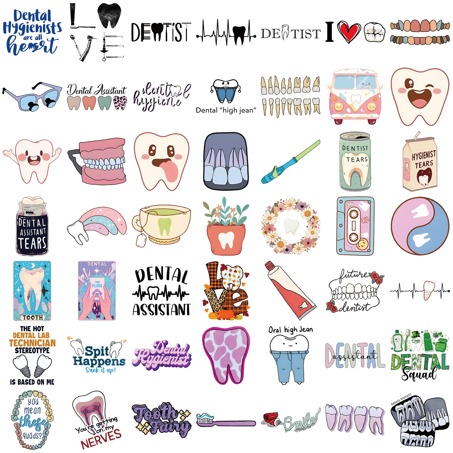 50Pcs Cute Dental Tooth Shaped Stickers Cartoon Teeth Sticker Dentist Store Toothbrush Label Decoration Dentistry Gifts