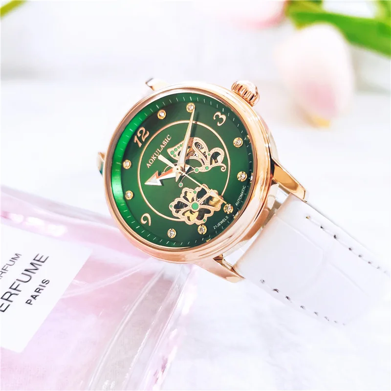 

AOKULASIC новые автоматические механические часы женские модные модные ремешок из натуральной кожи водостойкие светящиеся студенческие женские часы