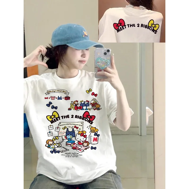 

2025 New Summer Double Sided Bow Hallo Kitty Letter Printed Casual Fun Short Sleeved T-shirt for Women Harajuku Y2K Casualwear