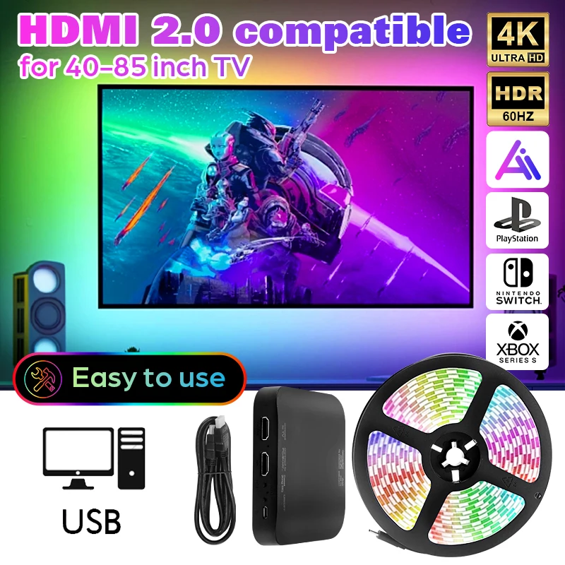 New Fancy Tv Backlight,Hdmi 2.0 Compatible,Rgb Led Light String,With Sync Box,Plug In,No Wifi,For 40/55/75 Inch ,For Tv Gaming