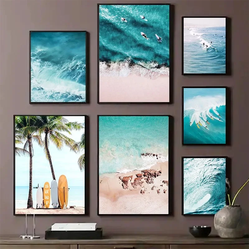 Beach Ocean Modern Seascape Surfing Sport Canvas Poster The Surging Waves Wall Art Picture Living Room Bedroom Home Decor Gift