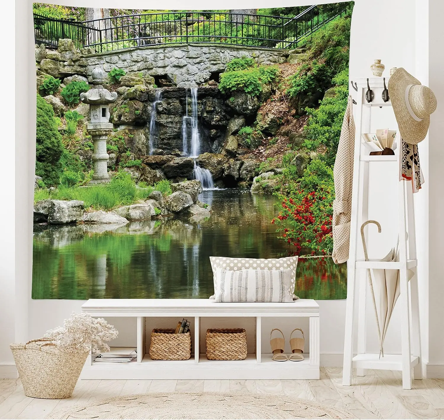 Japanese Tapestry, Cascading Waterfall Pond Under Bridge Reflections of Flowers in Water Pattern, Fabric Wall Hanging Decor for