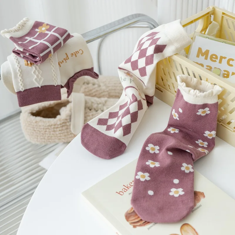 5Pairs/Set Fashion Colorful Kawaii Cute Cozy Cotton Women Socks Harajuku Japanese Korean Pink Plaid Flower Girl Socks Lot