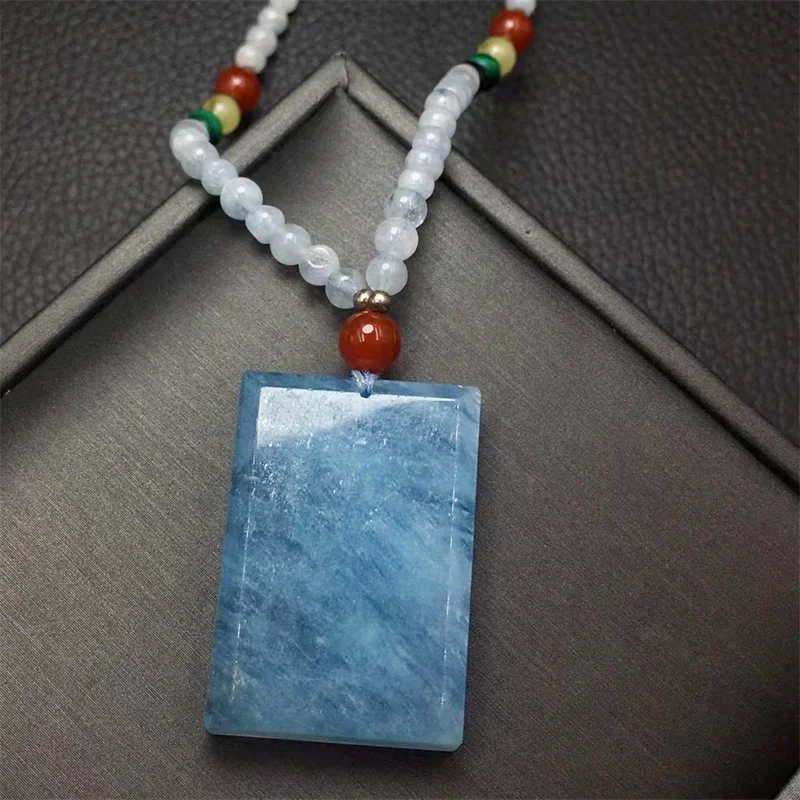 

Natural Aquamarine Square pendant Necklace For Woman Men Love Gift Healing Crystal Energy Stone Beads Jewelry