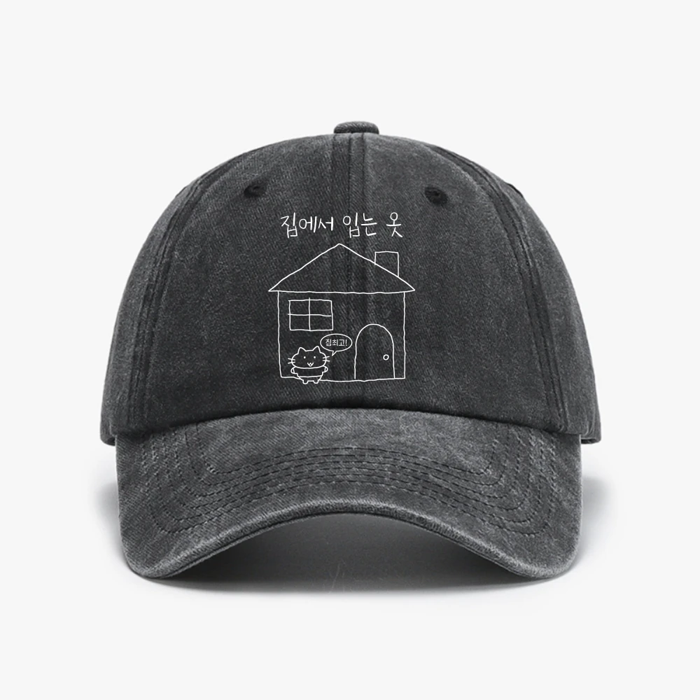 Women Korean Ins Style hat Cute Hand Drawn House Cat Hangul Text Graphic Washed Baseball Cap Y2k Casual Daily Aesthetic hats