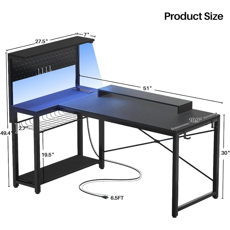 Small Gaming Desk with Power Outlets Pegboard LED Light, 51 Inch L Shaped Computer Desk with Monitor Stand Storage Shelves